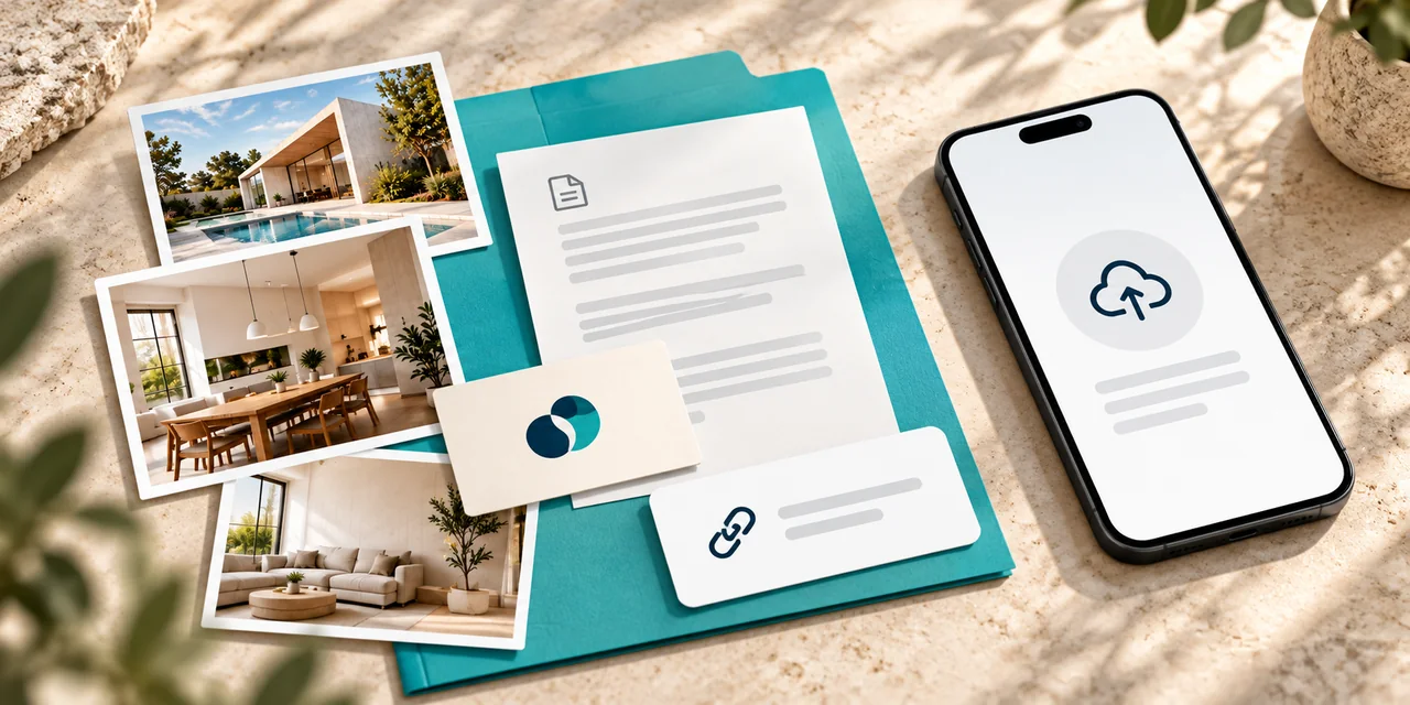 Fotografías, textos, marca y enlaces preparados junto a un teléfono